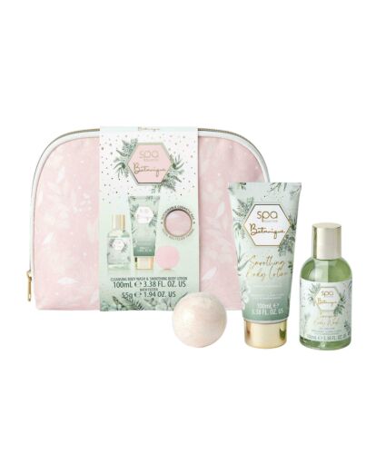 Style & Grace Spa Botanique Cosmetic Bag Gift Set Eco Packaging 100ml Body Lotion + 100ml Body Wash + 55g Bath Fizzer + Recycled Fabric Cosmetic Bag-H760975