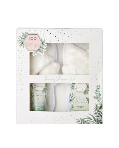 Style & Grace Spa Botanique Luxury Slipper Gift Set Eco Packaging 100g Bath Crystals + 110ml Body Lotion + 1 Pair Fluffy Slippers-B356316