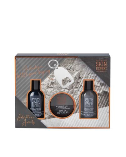 Style & Grace Skin Expert for Him Mini Grooming Gift Set Eco Packaging 80ml Shower Gel + 80ml Shampoo + 60ml Aftershave Balm + Bottle Opener Keyring-F057951