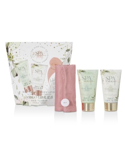 The Kind Edit Co. Spa Botanique Shower Pamper Gift Set 50ml Body Lotion + 50ml Body Wash + Hair Turban-T204262