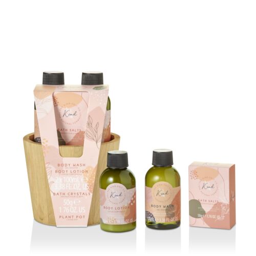 The Kind Edit Co. Kind Pamper Plant Pot Gift Set 100ml Body Wash + 100ml Body Lotion + 50g Bath Crystals + Wooden Plant Pot-J255981